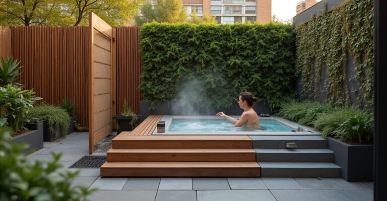 3. Compact Urban Jacuzzi with Vertical Landscaping