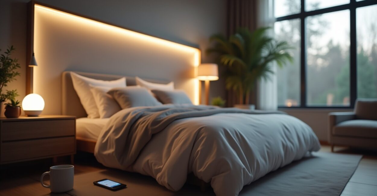 Smart tech for large bedrooms and applying smart lighting with a Nest Hub for scenes (e.g., dimmable LED strips behind a headboard)