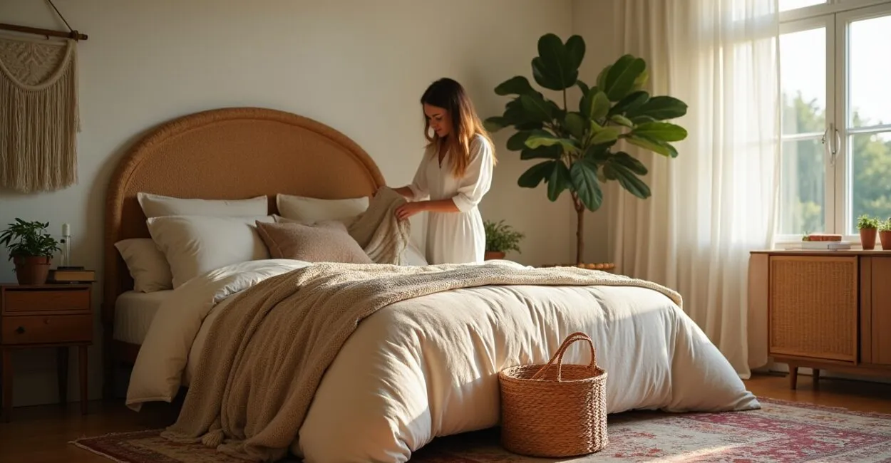 Boho bedroom refresh: sustainable textures, rattan and plants
