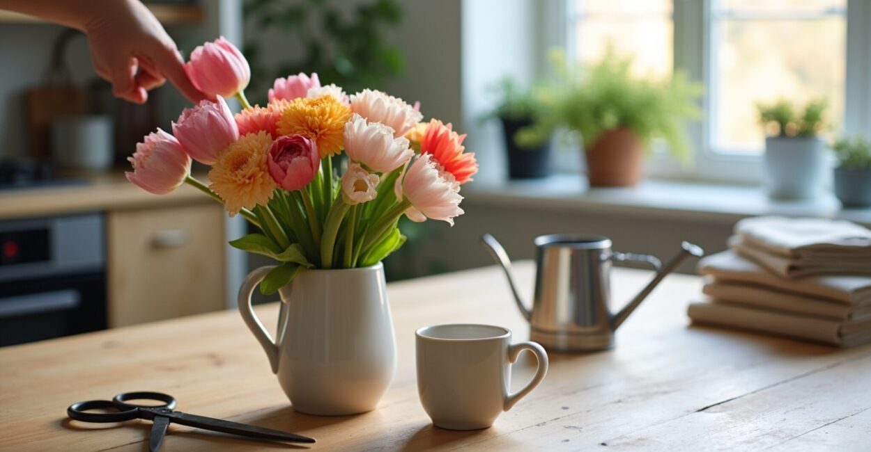 Simple hand-tied bouquet for a kitchen vase