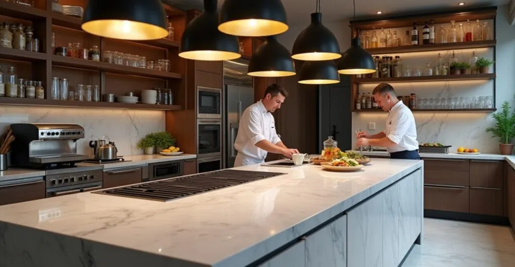 luxury gourmet area trends and apply high-end touches like stone islands and built-in espresso machines to create wow moments, e.g., marble island with integrated grill