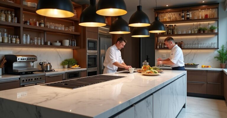 luxury gourmet area trends and apply high-end touches like stone islands and built-in espresso machines to create wow moments, e.g., marble island with integrated grill