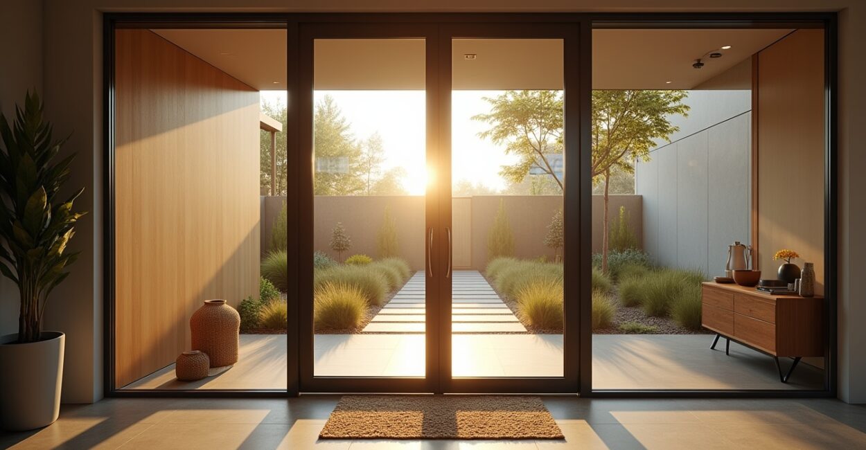 Pivot doors that transform entryways with glass panels