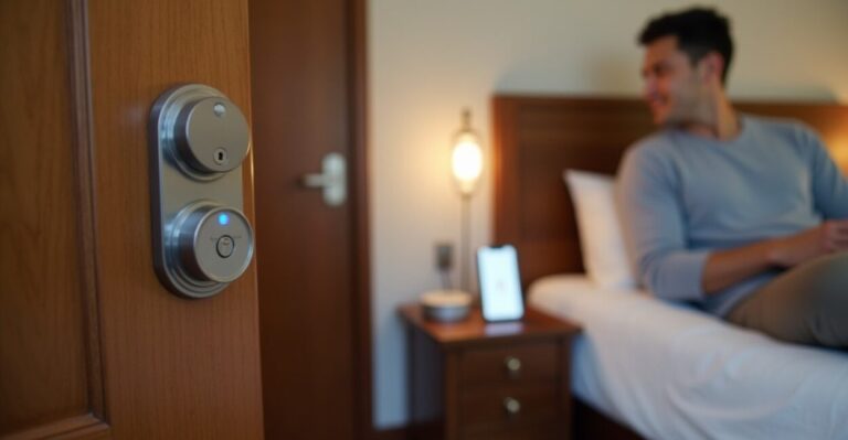 smart bedroom doors and test voice-activated locks and touchless sensors, e.g., Bluetooth deadbolts paired with bedside controls