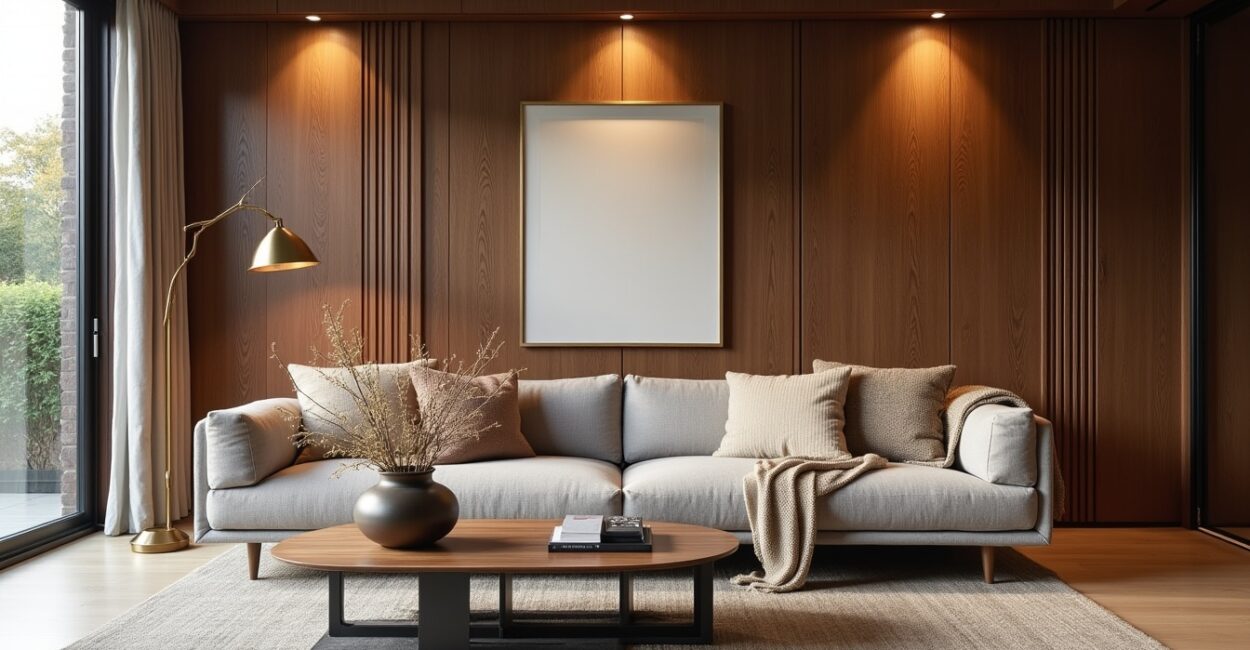 Sophisticated Focal Points: Walnut Wall Panels and Statement Sofas