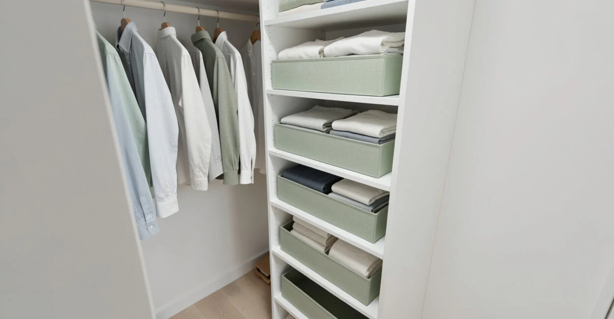 Layout 1: Short-Wall Shelves for Folded Clothes and Bins